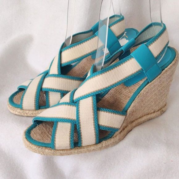 Lauren Ralph Lauren Womens Wedge Sandals 6.5 Ivory Teal Strappy Espadrilles - Picture 1 of 9
